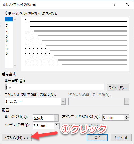 アウトライン定義のオプションを表示する