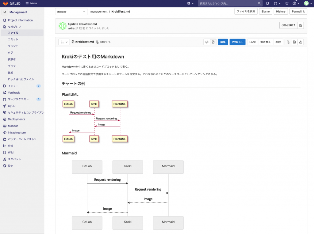 GitLabでのKrokiを使ったMarkdownへのUMLの埋め込みレンダリングプレビューの例