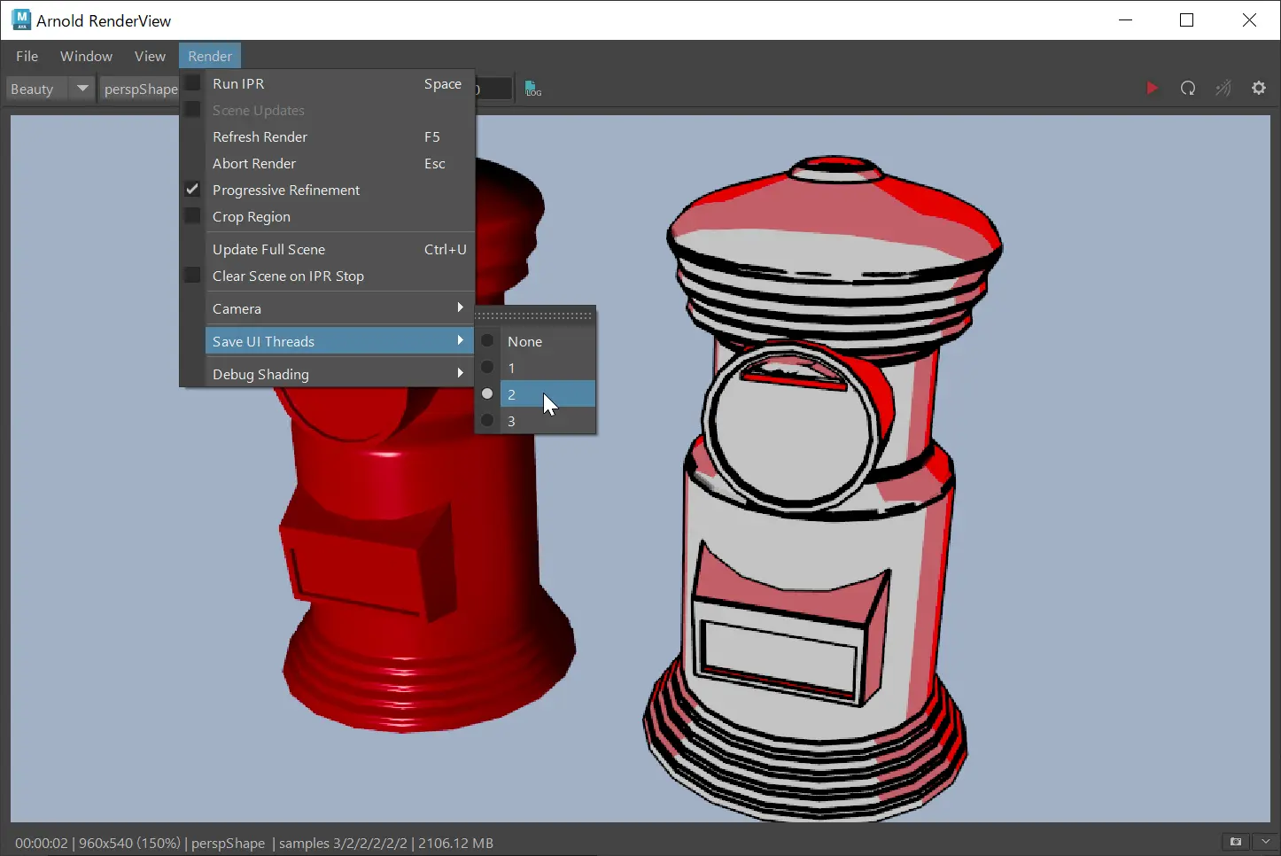 Change the number of the User interface threads in the Arnold RenderView window.