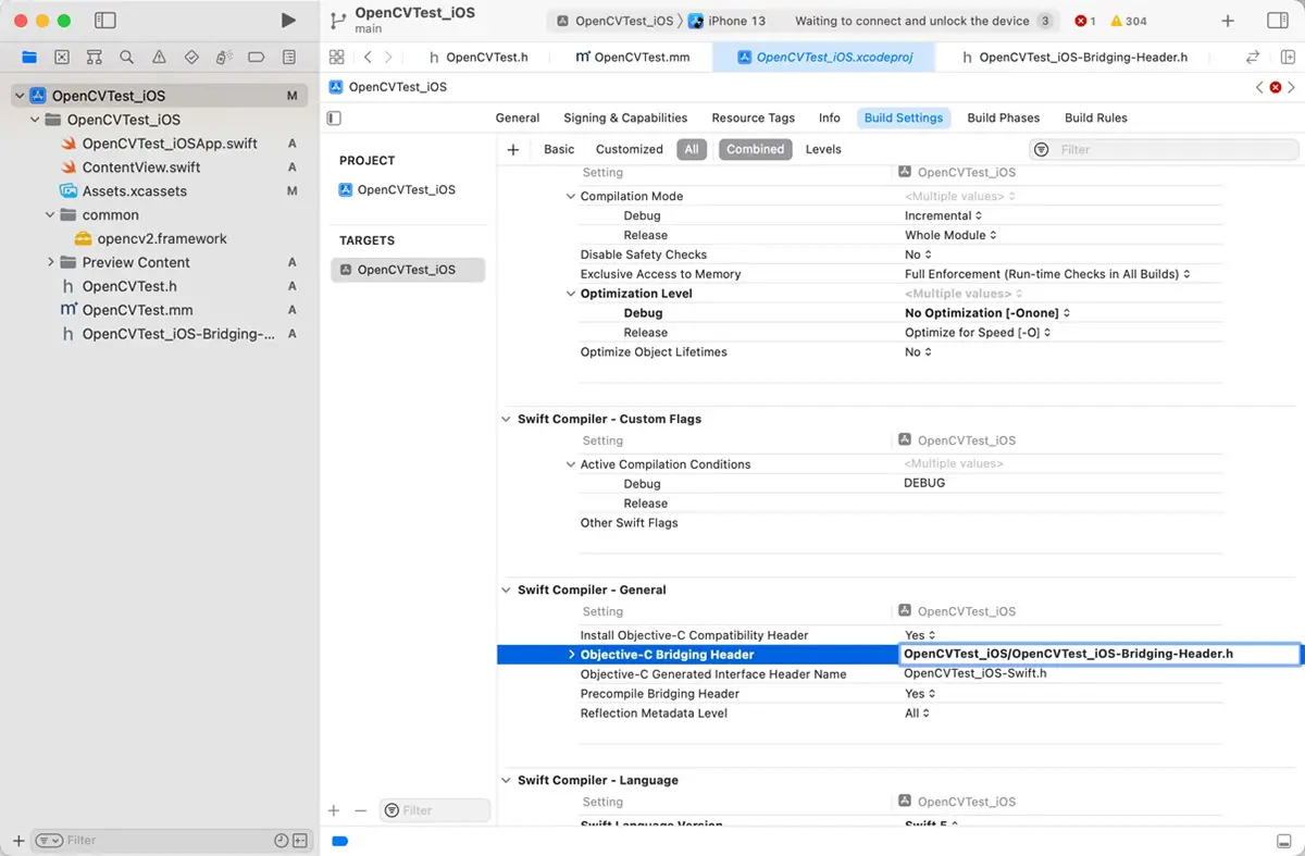 「Objective-C Bridging Header」を指定する