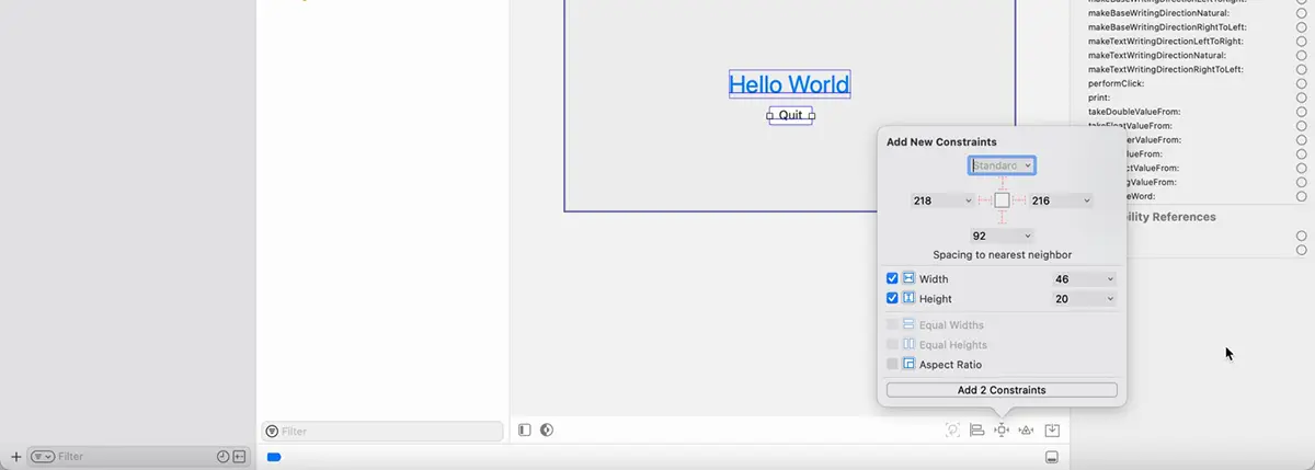 「Width」と「Height」をチェック後、Constraintsを追加する