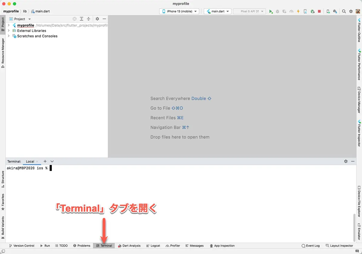 「Terminal」タブを開く