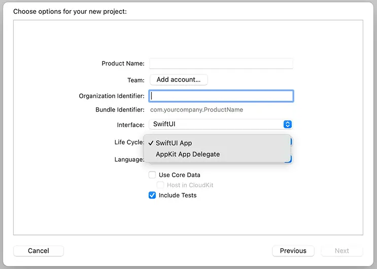 New project option of Xcode 12