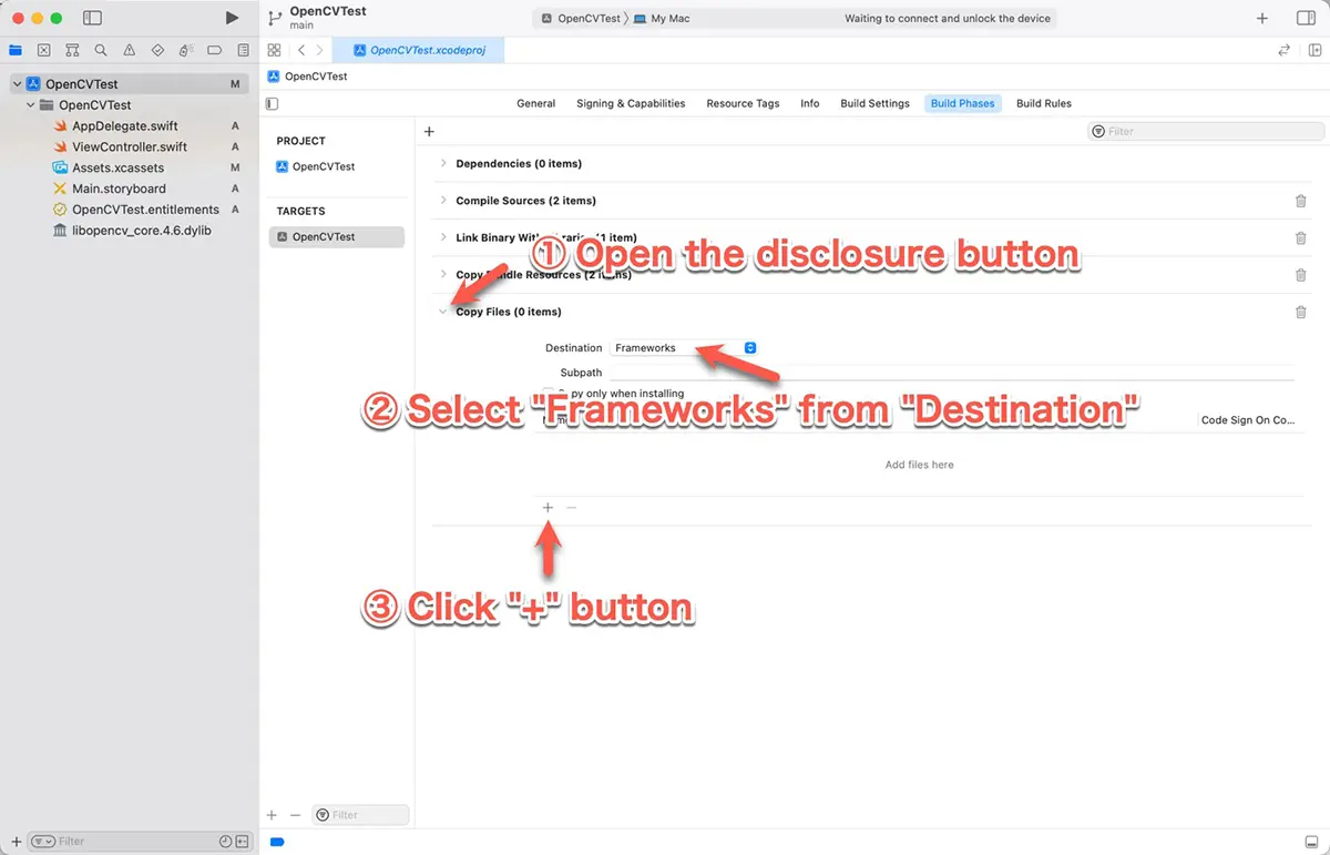 Select "Frameworks" from the "Destination", and click "+" button