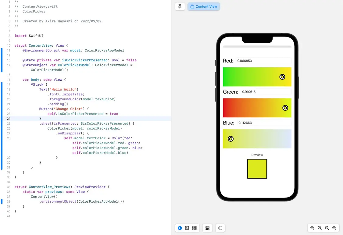 ContentView preview showing the color picker.