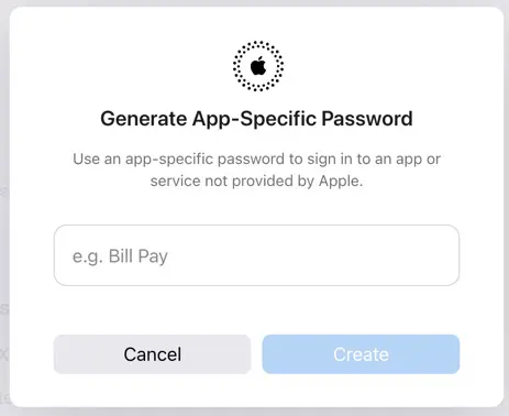 Enter the name of the app-specific password