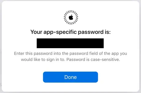 The app-specific password is generated