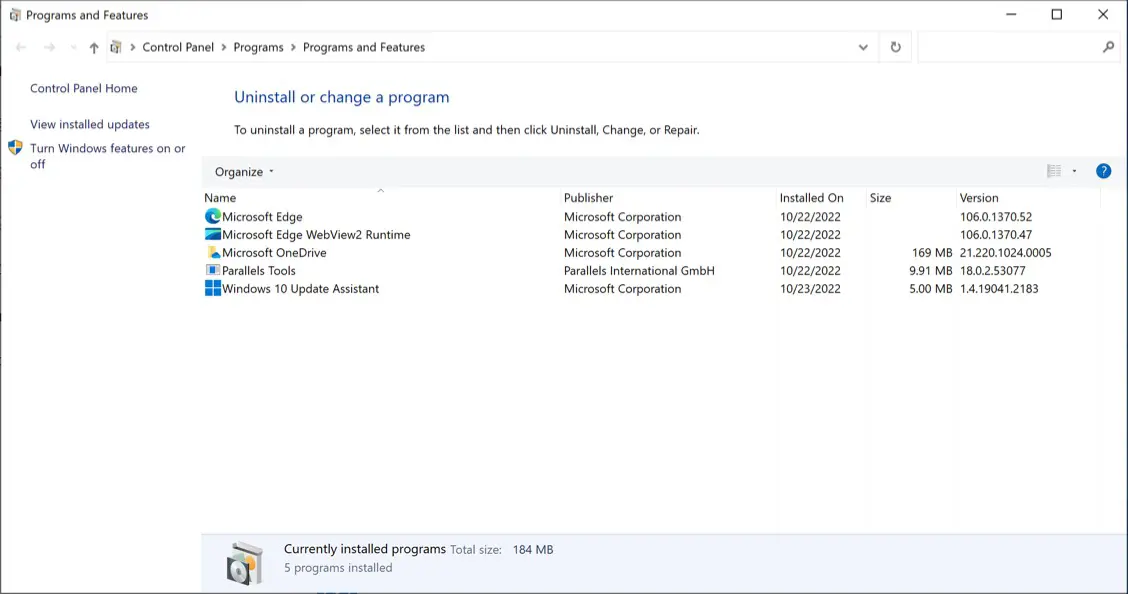 Programs and Features window