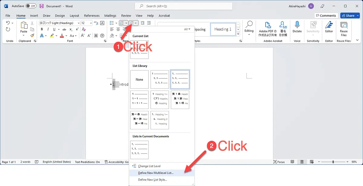 Select Define New Multilevel List