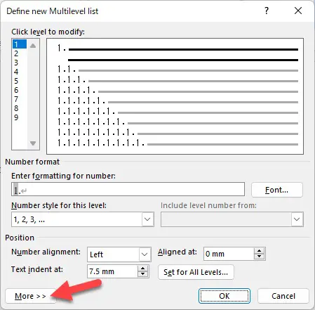 Define new Multilevel List dialog