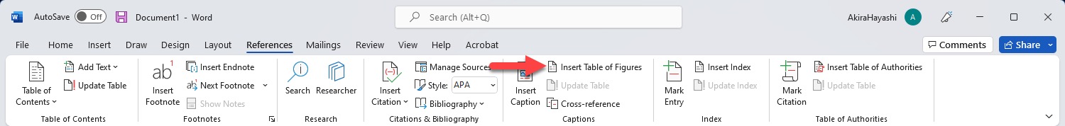 Insert table of contents for figures and tables